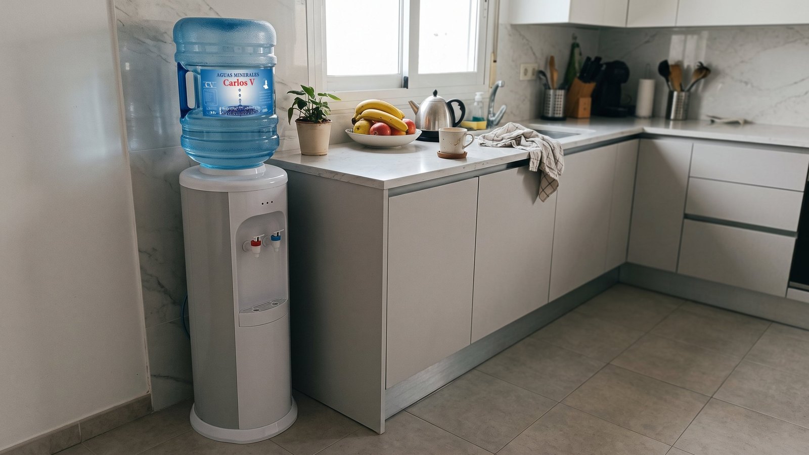 Agua a domicilio en Madrid: fuente de frío y calor con garrafa de agua mineral Carlos V en la cocina de una casa
