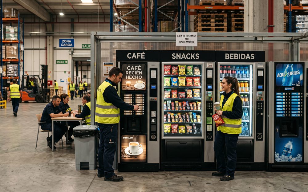 Área de descanso de una nave logística con máquinas de vending de café, snacks y bebidas