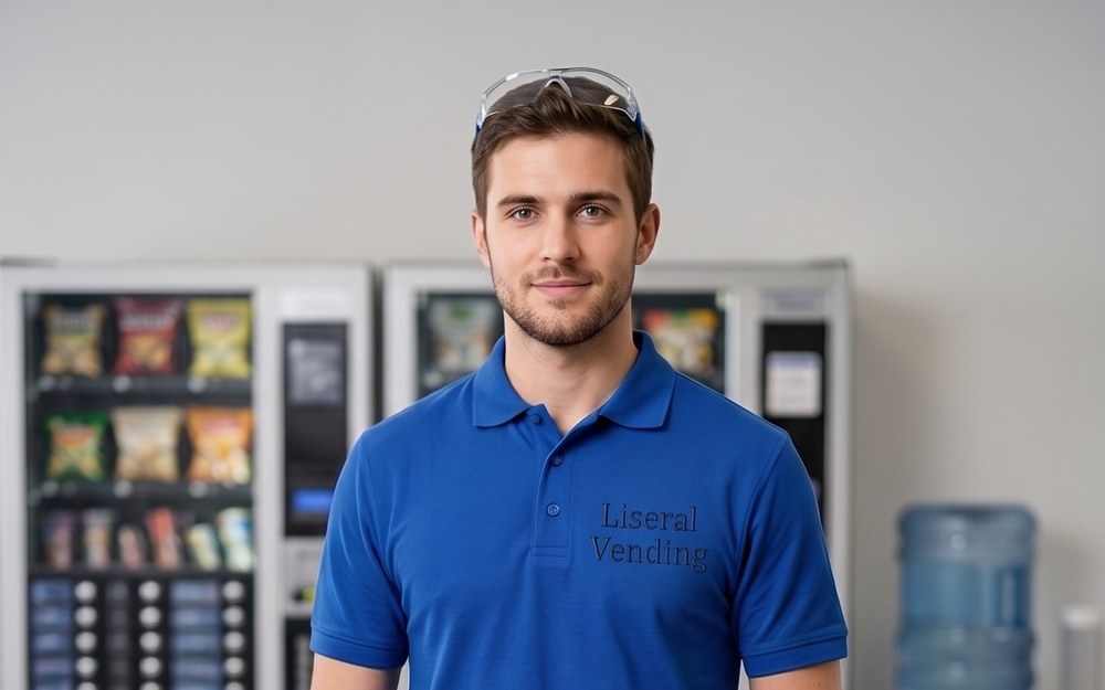 Proveedor de vending para empresas: técnico de Liseral junto a máquinas de vending y una fuente de agua