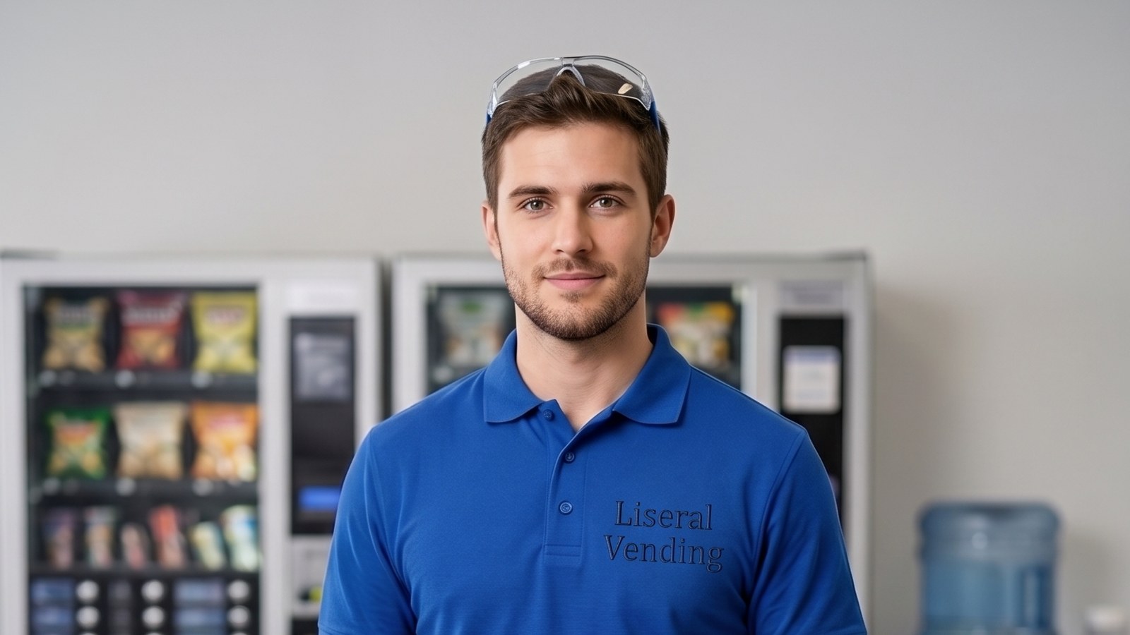 Proveedor de vending para empresas: técnico de Liseral junto a máquinas de vending y una fuente de agua