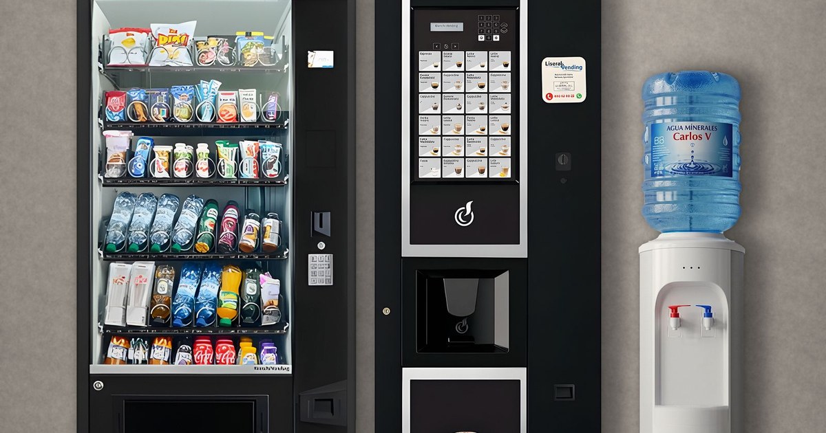 Máquinas de café para empresas y máquina de snacks junto a una fuente de agua Carlos V